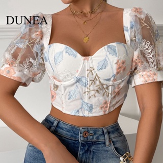 Dunea เสื้อครอป แขนพอง คอสี่เหลี่ยม ปักลายลูกไม้ สไตล์วินเทจ สําหรับผู้หญิง