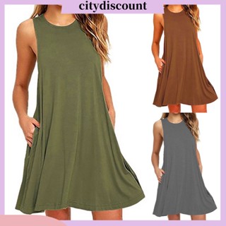 &lt;citydiscount&gt; ชุดเดรสแขนกุด คอกลม สีพื้น แบบเรียบง่าย แฟชั่นฤดูร้อน สําหรับผู้หญิง