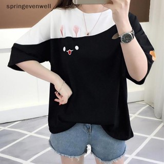 [springevenwell] เสื้อยืดลําลอง แขนสั้น คอกลม ปักลายกระต่าย ทรงหลวม แฟชั่นฤดูร้อน สําหรับสตรี