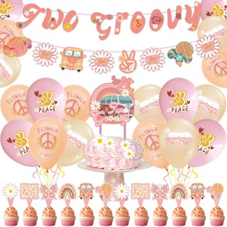 Two Groovy ป้ายแบนเนอร์ ลายดอกเดซี่ สีรุ้ง สไตล์โบโฮ สําหรับตกแต่งปาร์ตี้วันเกิด เบบี้ชาวเวอร์ งานแต่งงาน