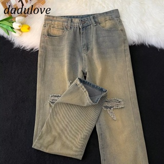 DaDulove💕 New American Ins High Street Yellow Mud-colored Ripped Jeans Niche Elastic Wide-leg Pants Trousers