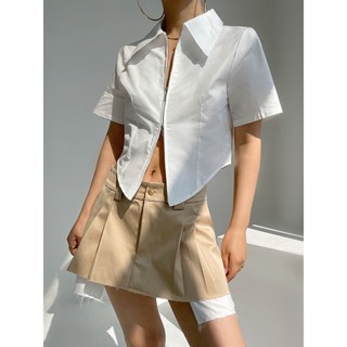 เสื้อเชิ้ตแขนสั้น คอปก หัวแหลม แต่งซิป สีขาว สไตล์ฝรั่งเศส วินเทจ เหมาะกับฤดูร้อน สําหรับผู้หญิง