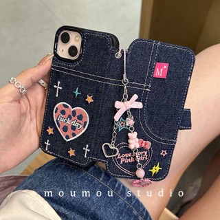 ใหม่ เคสโทรศัพท์มือถือแบบผ้ายีน กระจก ฝาพับ กันกระแทก ปักลายเด็กผู้หญิง สําหรับ Iphone y2k 14promax 13 12 11 14pro 13pro 14