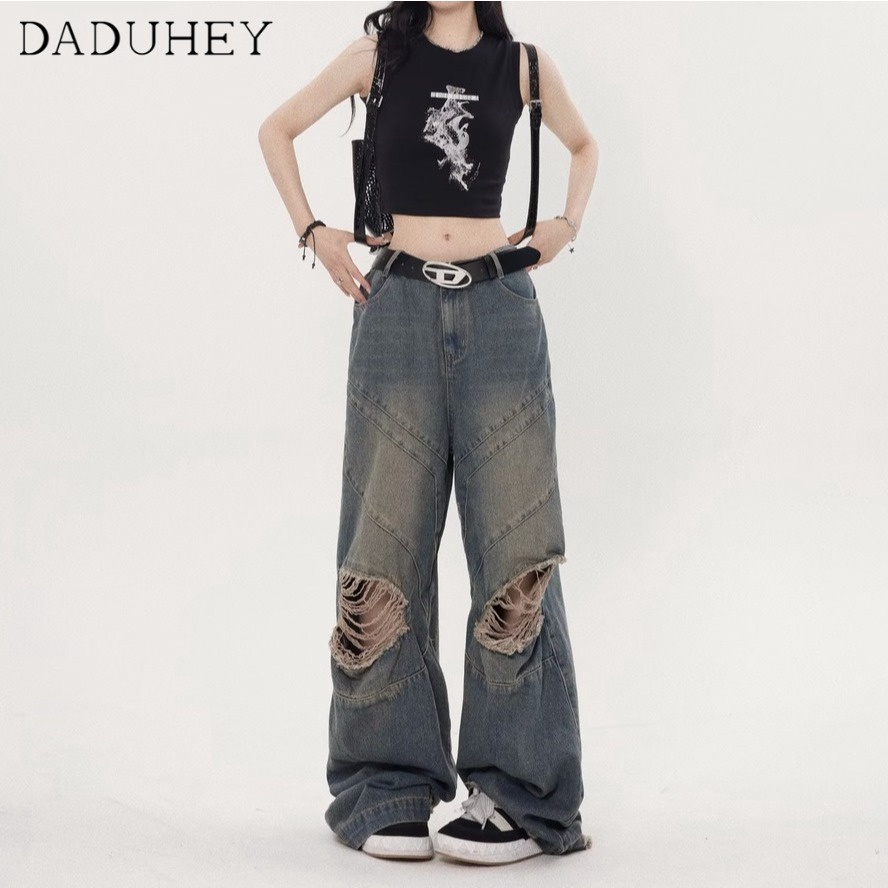 DaDuHey 2023 Summer Korean Style New High Street High Waist Pants Wide Leg Slimming Casual Washed Distressed Straight Ripped Jeans