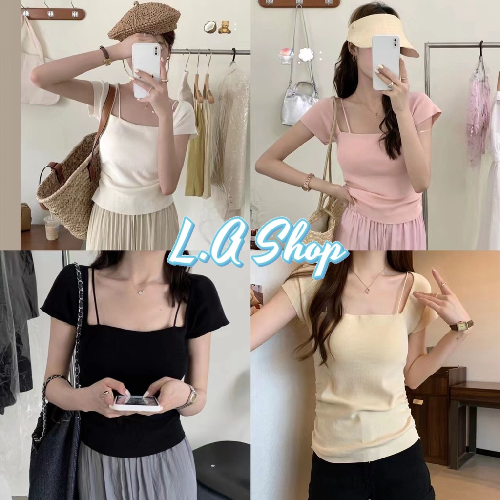 L.A Shop พร้อมส่ง เสื้อไหมพรมแขนสั้น คอเหลี่ยม สาย2ข้าง ดีเทลข้างย่น  "16006"