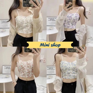 Mini shop🌸พร้อมส่ง🌸 (19110) เสื้อสายเดี่ยว ลายดอกไม้ไหมพรม มีฟองน้ำ-C