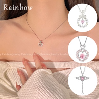 【Rainbow】สร้อยคอโซ่เงิน S925 จี้รูปหัวใจ ประดับเพชร สีชมพู สําหรับผู้หญิง