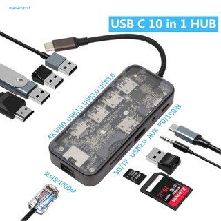 Angeyong ฮับ Usb C 10-in-1 พร้อมอีเธอร์เน็ต 4k การ์ดรีดเดอร์ Sd tf Pd 100w เสียง 3.5 มม. Rj45 Usb 3.0 2.0 หลายพอร์ต สําหรับแล็ปท็อป บ้าน