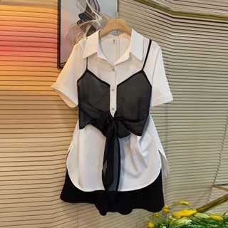 แฟชั่นชั้นสูง ฮิปปี้สตรีท โพโล 2 ชุด ผูกโบว์กับเสื้อแขนสั้น กางเกงสั้น