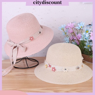 &lt;citydiscount&gt; หมวกฟางสาน ทรงกลม ระบายอากาศ กันแดด ลายดอกไม้ สีพื้น เหมาะกับเดินชายหาดกลางแจ้ง แฟชั่นฤดูร้อน สําหรับผู้หญิง