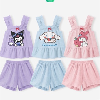 SANRIO ชุดนอนเปิดไหล่ ลายการ์ตูน Melody Kuromi Cinnamoroll Kawaii แฟชั่นฤดูร้อน สําหรับเด็กผู้หญิง