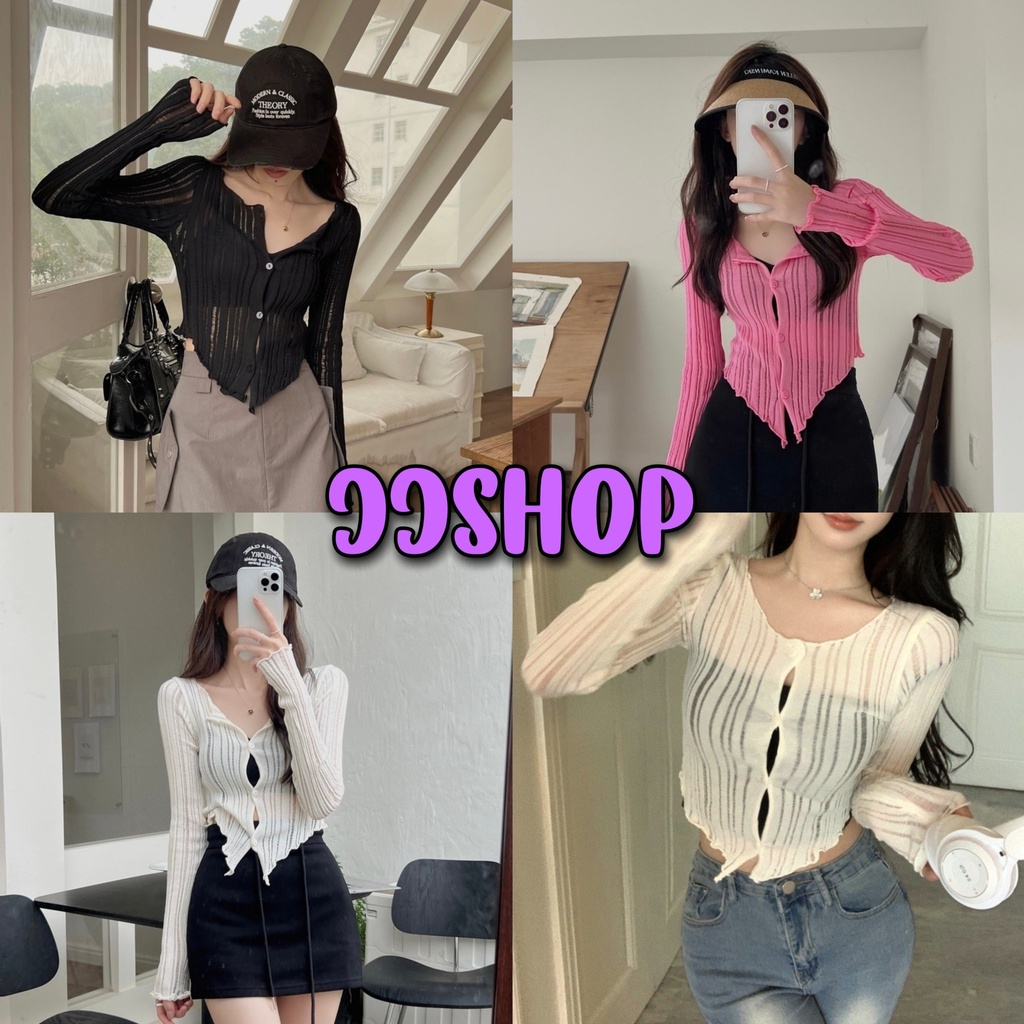 JJ Shop​ ​พร้อมส่ง เสื้อไหมพรมคอวี แขนยาว ซีทรูเบาๆผ้าเล็กๆ "31028" -C