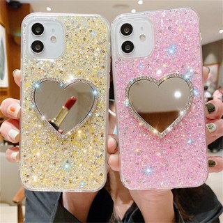 เคสป้องกันโทรศัพท์มือถือกระจก ลายหัวใจ ประดับเพชร สําหรับ iPhone 14 14plus 13 12 11 Pro Max X XS XR XSMAX 7 8 Plus