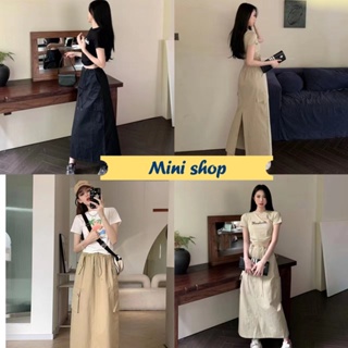 Mini shop🌸พร้อมส่ง🌸 (2351) กระโปรงยาวเอวสูง ผ้าร่ม เอวสม๊อค มีกระเป๋าข้าง แนวสตรีท 6สี-NZ-XM