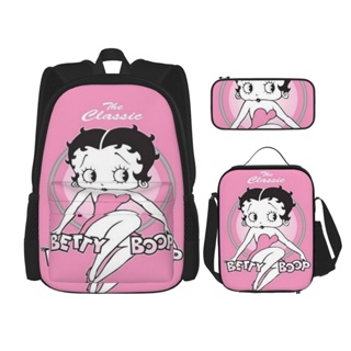 3 in 1 Betty Boop กระเป๋าเป้สะพายหลัง ใส่หนังสือ พร้อมกระเป๋าใส่กล่องอาหารกลางวัน ดินสอ พิมพ์ลาย สําหรับเดินทาง