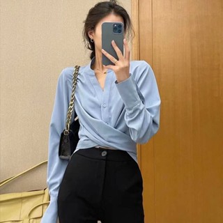 เสื้อเชิ้ต คอวี แต่งสายคล้องไขว้ สไตล์ฝรั่งเศส ระดับไฮเอนด์ สําหรับผู้หญิง