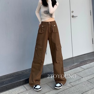 2TOYOUNG  กางเกงขายาว คาร์โก้ กางเกง เชือกอเมริกันคลาสิค Cargo pants 2023 NEW 072540 Korean Style ins ทันสมัย Stylish A90M058 36Z230909