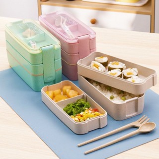 Hot Sale# microwave oven double-layer lunch box wheat straw with fork spoon tableware lunch box office worker lunch box portable picnic box 8cc