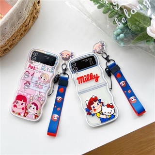 Peko Milky Girl Hello Kitty พร้อมสายคล้องมือ จี้เจลนิ่ม เคสโทรศัพท์ กันกระแทก สําหรับ Samsung Galaxy Z Flip 3/4/5 ฝาหลัง