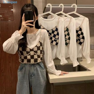 Expen เสื้อครอปท็อปลําลอง ผ้าฝ้ายถัก ทรงหลวม ลายสก๊อต สไตล์เกาหลี เรโทร เหมาะกับฤดูร้อน สําหรับผู้หญิง