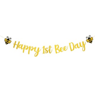 ป้ายแบนเนอร์ ลาย Happy 1st Bee Day สีทอง กลิตเตอร์ สําหรับตกแต่งปาร์ตี้วันเกิดปีที่ 1