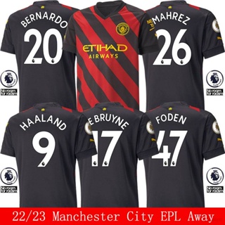 เสื้อกีฬาแขนสั้น ลายทีมฟุตบอล Manchester City Away EPL DeBruyne Foden Mahrez Bernardo Haaland 2022-2023