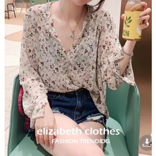 เสื้อคอวี ผ้าชีฟอง ลายดอกไม้ แฟชั่นฤดูใบไม้ผลิ