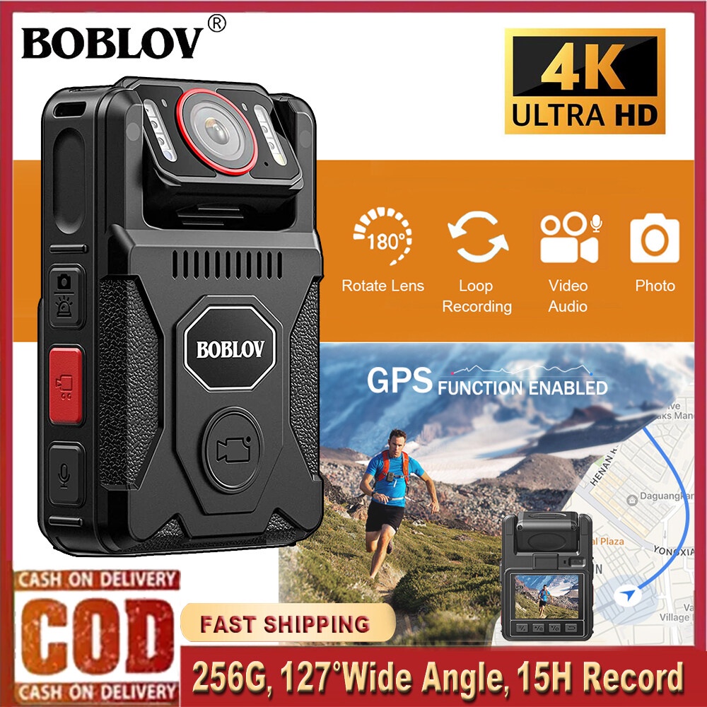 Boblov M7Pro 4K GPS Body สวมใส่กล้อง, HD 2196P Video Audio Recorder 180° เลนส์หมุนได้เครื่องบันทึกเสียงวิดีโอ 15 ชั่วโมงตํารวจ BodyCam พร้อมพอร์ต USB-C และการชาร์จอย่างรวดเร็ว