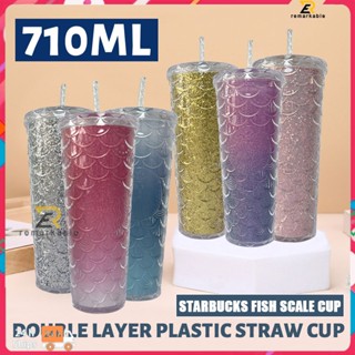 พร้อมส่ง Starbucks Fish Scale Cold Cup Tumbler Double Layer Plastic Straw Cup 710ml/24oz Starbucks Cup With Straw