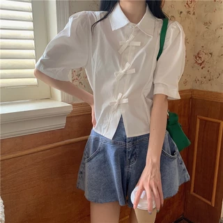 Rommers เสื้อเชิ้ต แขนสั้น สีขาว วินเทจ ผูกเชือก แขนพอง เสื้อแขนสั้น
