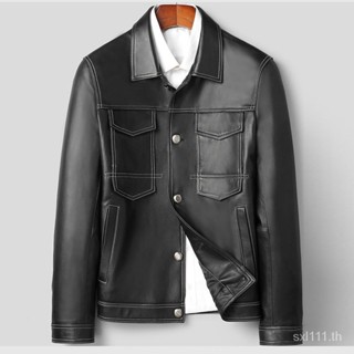 [New autumn] new mens leather leather coat Haining sheep leather motorcycle jacket short lapel slim Korean fashion jacket thin SUW1