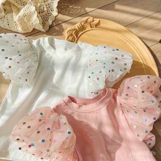 Korean style colorful polka dot bubble sleeve mesh girls top 2023 Summer pull frame cotton short sleeve baby T-Shirt wholesale QUNT