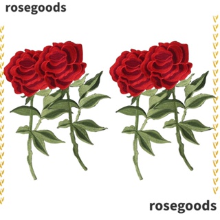 Rosegoods1 แผ่นแพทช์ผ้าโพลีเอสเตอร์ ปักลายดอกกุหลาบ สีแดง สีเขียว DIY สําหรับกระเป๋าเป้สะพายหลัง