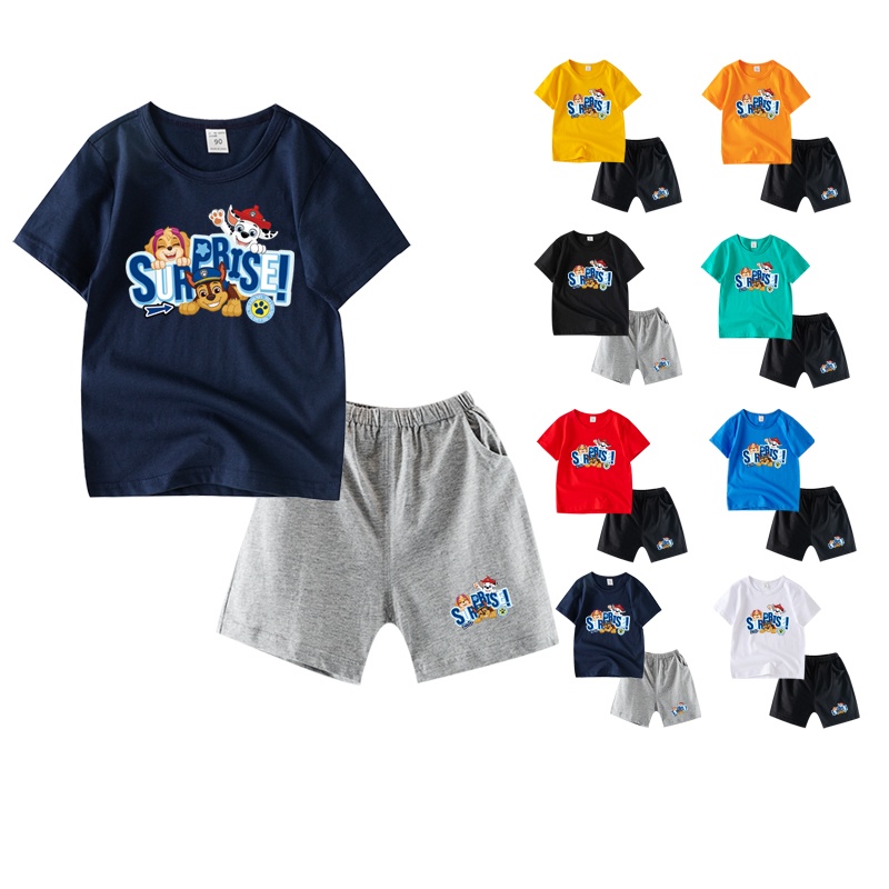 พร้อมส่ง เสื้อยืดแขนสั้น และกางเกง ผ้าฝ้าย ลายการ์ตูน Paw Patrol 8 สี สําหรับเด็ก KA011