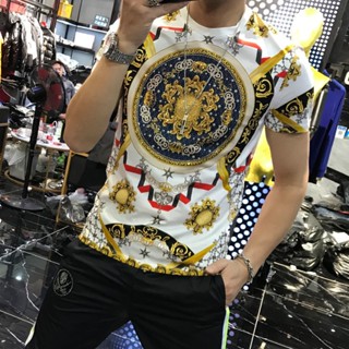 เสื้อยืดคอกลม ผ้าเรยอน พิมพ์ลาย สีตัดกัน สําหรับผู้ชาย