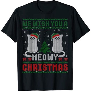Baju Kaos เสื้อยืดกันหนาว แขนสั้น ผ้าฝ้าย 100% พิมพ์ลาย We Wish You A Meowy Cat คริสต์มาส สําหรับผู้ชาย และผู้หญิง