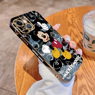 เคสไอโฟน iPhone 13 14 Pro MAX 13 Mini 14 Plus เคสโทรศัพท์มือถือ แบบนิ่ม ลายการ์ตูนมิกกี้ เมาส์ เต้นรํา ขอบสี่เหลี่ยม หรูหรา