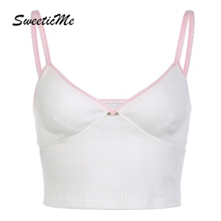 Sweeticme เสื้อครอปท็อปลําลอง คอวี สีตัดกัน แฟชั่นสําหรับสตรี 2023