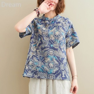 Retro cotton and linen round neck short sleeve top loose slimming printed T-shirt womens shirt