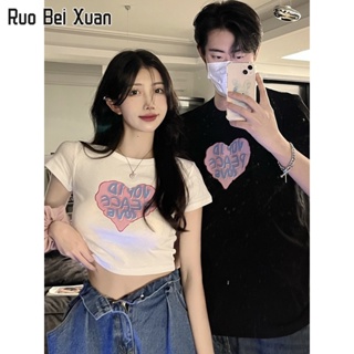 RUO BEI XUAN เสื้อยืดผู้หญิงแขนสั้นคอกลมพิมพ์ลายหัวใจแฟชั่นสไตล์เกาหลี