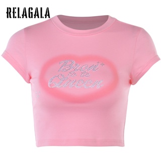 Relagala ใหม่ เสื้อยืดลําลอง แขนสั้น คอกลม สีพื้น เซ็กซี่ แฟชั่นสําหรับสตรี 2023