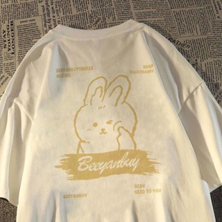 TOP CT【💘💘】Korean Loose Cotton Short Sleeve Top New Year Bunny Printed Casual T-Shirt for Women