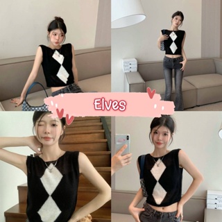 Elves✨พร้อมส่ง✨ เสื้อกล้ามแขนกุด ลายตางรางหมากรุกใหญ่ เบาบางใส่ง่ายซีทรูนิดๆ ~11527~ -C