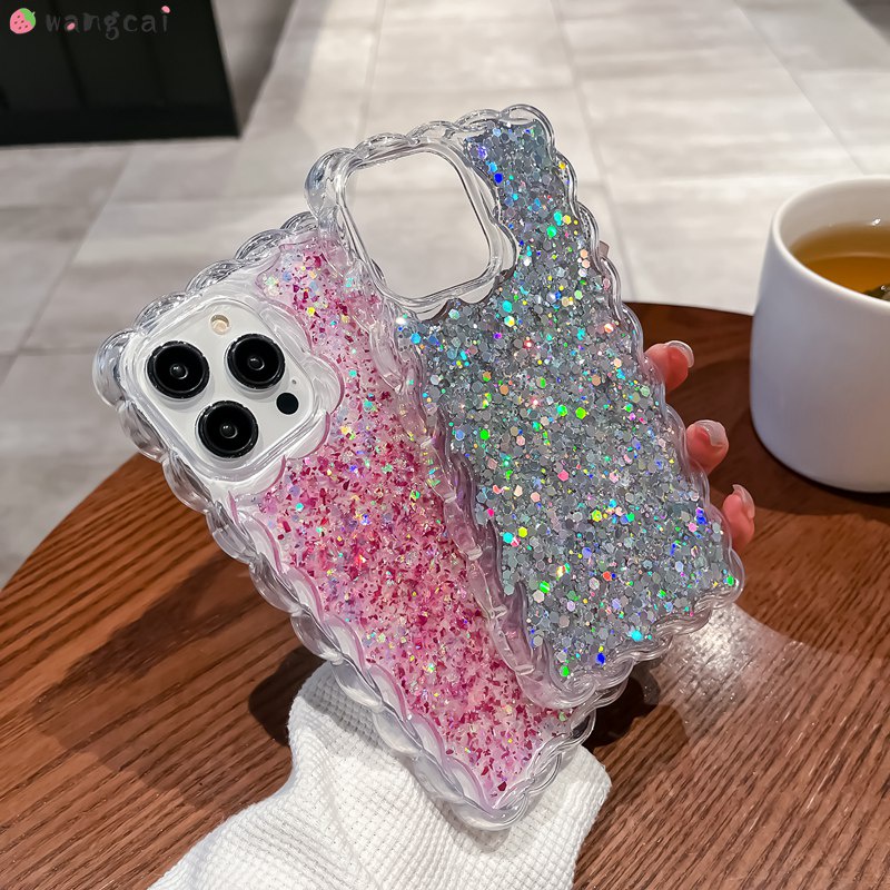 เคสโทรศัพท์มือถือ แบบนิ่ม ลายคลื่น ประดับกลิตเตอร์ หรูหรา สําหรับ iPhone 14 13 12 11 Pro XS Max XR X 7 8 Plus