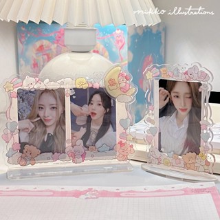 กรอบรูปกระต่ายสีชมพู 3 นิ้ว Mikko อะคริลิค ที่ใส่การ์ด ไอดอล โฟโต้การ์ด เคสป้องกัน การ์ตูนสัตว์ ดอกไม้ เดสก์ท็อป กรอบแสดงผล