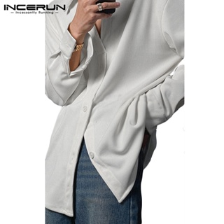 Incerun เสื้อเชิ้ตแขนยาว คอวี สีพื้น สไตล์มินิมอล