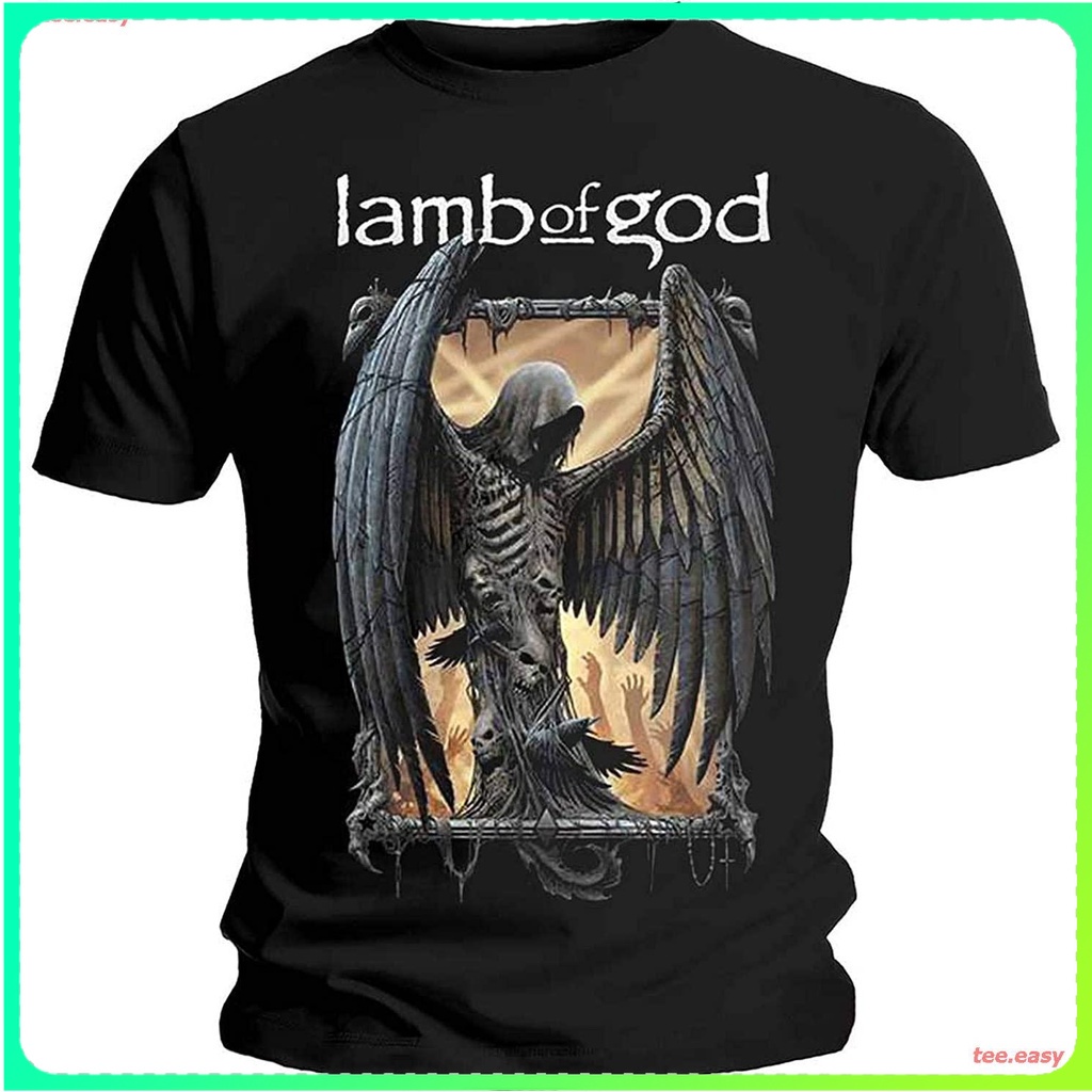 BEST QCins ผู้ชายและผู้หญิง ผู้ชาย วงดนตรี เสื้อยืด Lamb Of God Men's Winged Death Slim Fit T-Shirt Black เสื้อคู่ เส