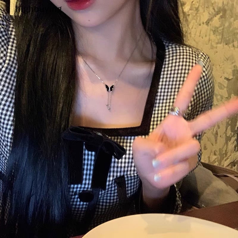 [highbuying] สร้อยคอโซ่ จี้รูปผีเสื้อ สีดํา ประดับพู่ เครื่องประดับแฟชั่น สําหรับผู้หญิง พร้อมส่ง