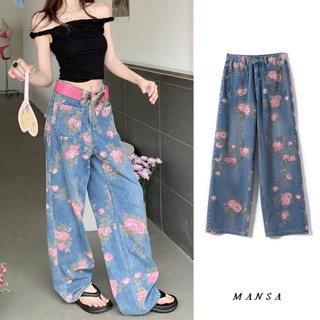 MANSA floral jeans wide leg pants กางเกงขากว้าง กางเกงขายาว ยีนส์ลายดอก ยีนส์