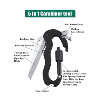 มีด Carabiner พวงกุญแจมีดพับพกพา ห่วงเกี่ยวพร้อมมีดพกอเนกประสงค์ 5 In 1